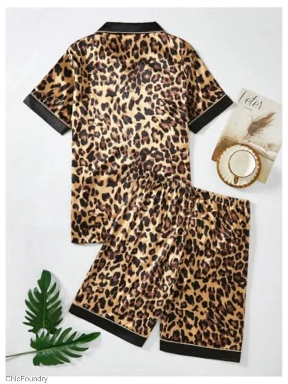 Men's Leopard Print Satin Pajama Set Button Down Short Sleeve Shorts Loungewear
